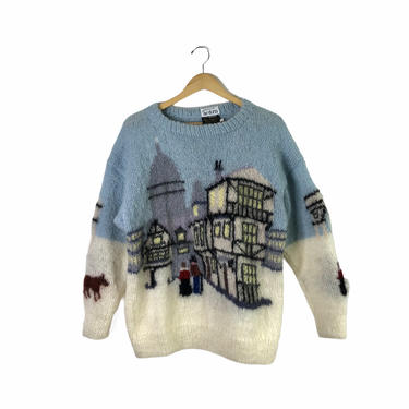 Vintage 80's Mohair Blend Acorns Selina Knitwear Winter Scene Novelty Sweater, Large 