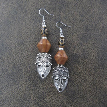 African mask earrings, tribal dangle earrings, wooden earrings, Afrocentric earrings, ethnic earrings, unique primitive earring, tiki agate 