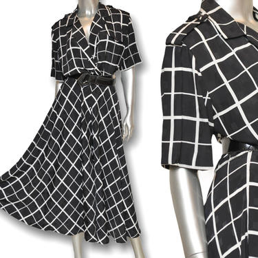 Vintage Liz Claiborne Black and White Print Belted Maxi Dress Size 