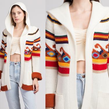 70s Cowichan Hooded Cardigan - Small | Vintage Boho Shawl Collar Chunky Knit Open Wrap Sweater 