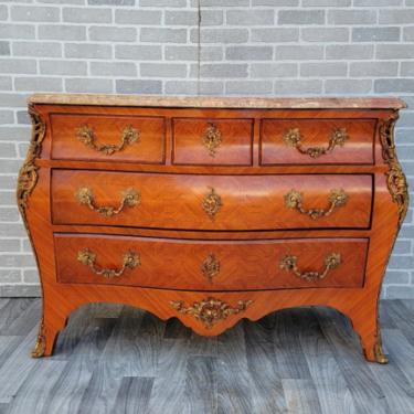 Antique French Louis XV Style Marble Top Bombe Chest Commode