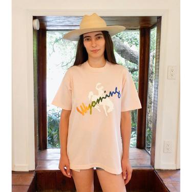 Wyoming Shirt // vintage 80s rodeo horse cowboy western cotton pink USA tee t-shirt t top blouse hippy rainbow // O/S 