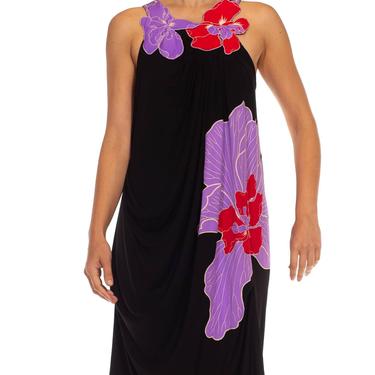 1990S Leonard Black  Purple Jersey Sexy Draped Dress With Floral Appliqué Straps 