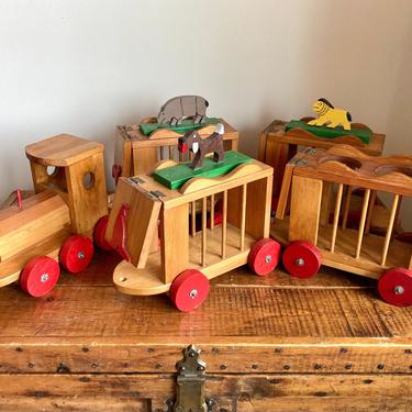 wooden circus train 6 foot vintage pull toy - handmade solid pine engine and cars 
