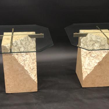 Travertine Vintage Brass and Glass Table Set | 2 Side Tables | 1 Coffee Table | 70s/80s