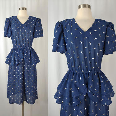 Vintage Eighties Does Forties Dress - 80s Lightweight Blue Print Peplum Dress - Small 80s does 40s Secretary Dress 
