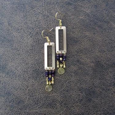 Modern brass earrings purple hematite, mid century, Brutalist earrings, minimalist statement earrings, geometric unique chic earrings 