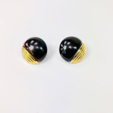 Vintage Round Minimalist 80's Gold Tone and Black Post Earrings 