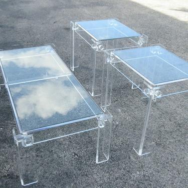 Mid Century Modern Set of Lucite Glass Top Coffee and Side Tables 2054