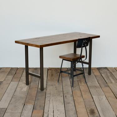 Industrial Modern Wood Desk with reclaimed wood top and square steel H legs in choice of sizes or finishes.  Custom inquiries welcome. 
