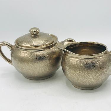 Vintage Peacock China  McCOURT Studios Textured Silver Glaze Porcelain Sugar Bowl and Creamer Set 
