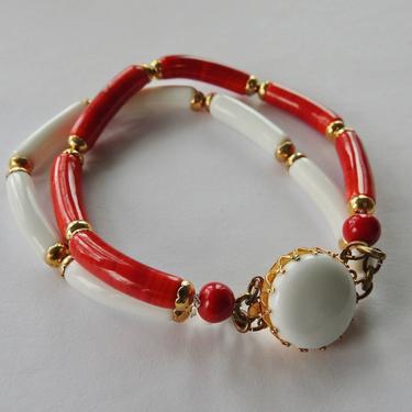 Mid Century Red and White Glass Bracelet 