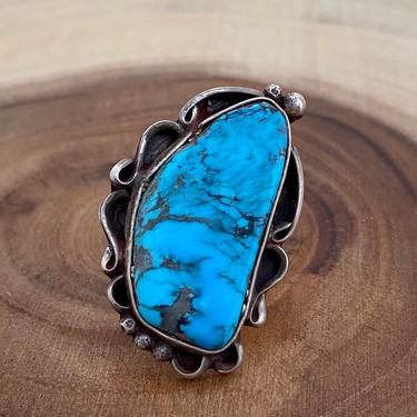 BIG BLUE Vintage Turquoise &amp; Sterling Silver Ring | 1970s Large Statement Ring | Native American Navajo Southwest Jewelry | Size 8 1/4 