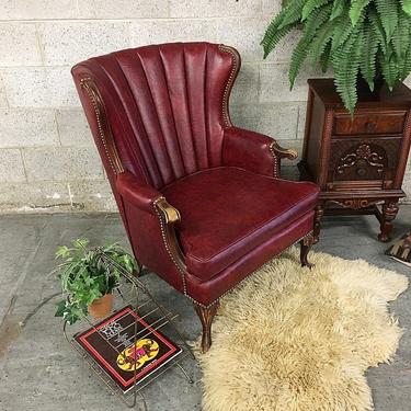 LOCAL PICKUP ONLY Vintage Vinyl Club Chair Retro 1980's Wood Frame High Back Burgundy Office Chair with Nailed Details and Armrests 