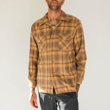 Vintage 60s Style Pendleton Tan Tartan Plaid Board Shirt Jac w/ Loop Collar | 100% USA Virgin Wool | 1960s Pendleton Chore, Flannel Shirt 