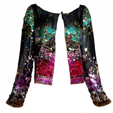 Christian Lacroix Early 2000s Black Chiffon Evening Jacket with Multi-Color Paillettes