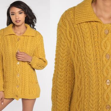 Wool Cable Knit Sweater Mustard Cardigan Sweater 70s Boho Yellow Bohemian Chunky Grandpa Vintage 1970s Button Up Cableknit Large 