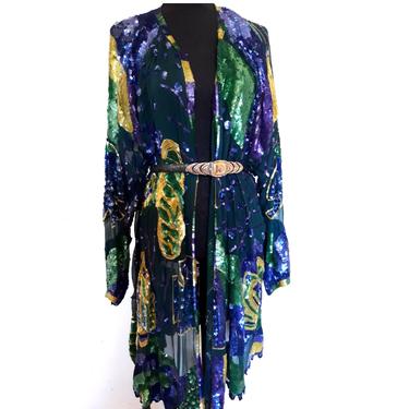 Vintage sheer sequin beaded duster, green art deco abstract long duster coat, heavily embellished vintage jacket, fits small medium large 