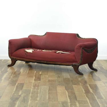 Antique Burgundy Couch W/ Carved Wood Frame