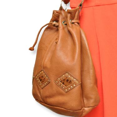 Vintage Tan Leather Drawstring Purse Adjustable Strap Crossbody Bag 