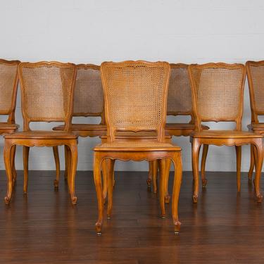 Antique Set of 8 French Louis XV Provincial Carved Fruitwood Cane Dining Chairs 