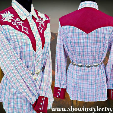 H Bar C, California Ranchwear Vintage Western Women&#39;s Cowgirl Shirt, Floral Embroidery & Cutouts, Approx. Size Medium (see meas. photo) by ShowinStyle