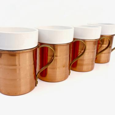 Set of 4 Vintage Baker Hart &amp; Stuart Copper and Porcelain Mugs | Brass Handles | Coffee/Moscow Mule Mugs 