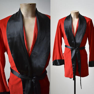 1950s Smoking Jacket / Vintage Menswear / Mens Robe / Vintage Towncraft Smoking Jacket / Red and Black Smoking Jacket / Large Robe 