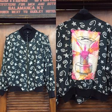 Vintage 1980’s Silk Atomic Print Bomber Jacket, Vintage Patch, Galaxy Print, 80’s Era, Custom Vintage, Silk Jacket, Vintage Clothing 