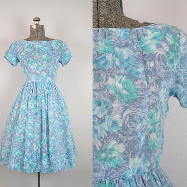 1950's Blue and Green Rose Print Cotton Day Dress / Size Small 