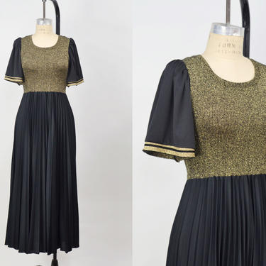 Vintage 1970s Black &amp; Gold Lurex Pleated Maxi Dress, 70s Maxi Dress, Disco Groovy, Size Small/Medium by Mo