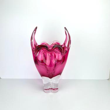 Vintage Heavy Studio Art Glass Hankerchief Vase Pink Stretch Abstract Mid Century 