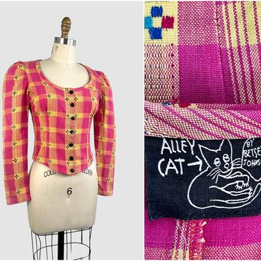 ALLEY CAT by Betsey Johnson Vintage 70s Top | 1970s Pink Prairie Plaid w/ Puff Sleeves Blouse | American Designer, Rare Shirt | Size Small 