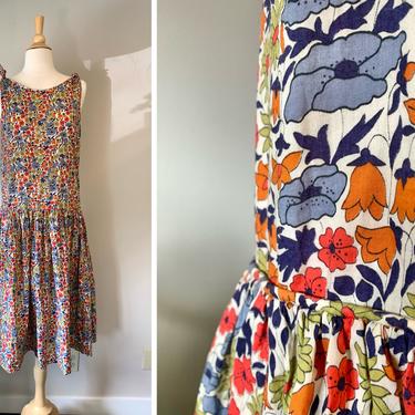 Vintage 20s Inspired Floral Cotton Dropped Waist Sundress Handmade | Size S/M 