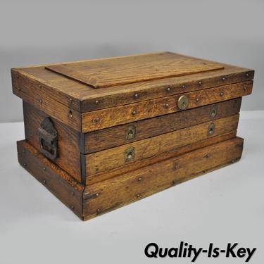 Antique Oak Wood Campaign Style Tool Storage Work Chest Silverware Box 2 Drawers