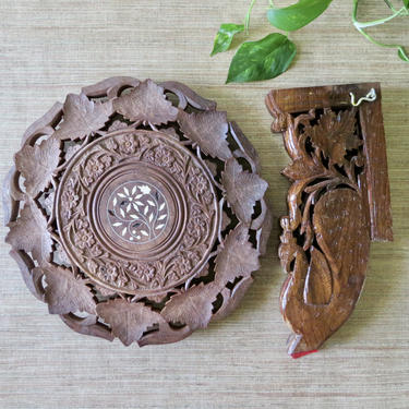 Vintage Plant Stand - Small Hand Carved Teak Table - Teak Plant Stand - Ivory Inlay - Folding Base - Boho Decor 