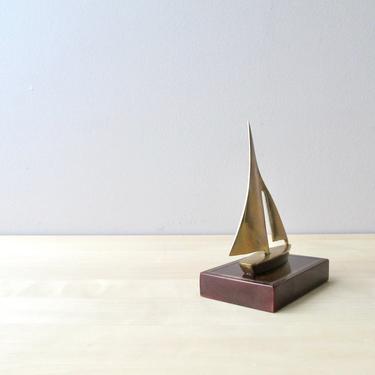 small brass sailboat paperweight - nautical decor - cherry wood base 