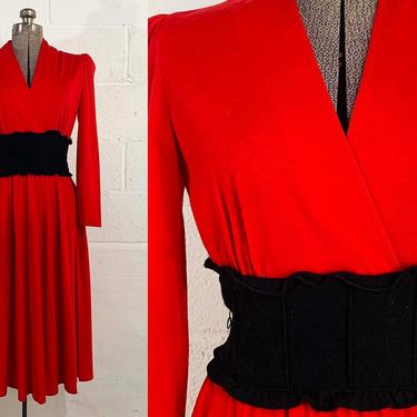 Vintage Parade New York Red Wrap Dress Fit and Flare Long Sleeve 1970s 70s Lipstick Black Retro Holiday Party Cocktail Style Medium Small 