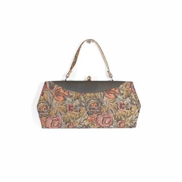 Vintage 60s PURSE / 1960s Ladylike Gunmetal Gray Leather &amp; Muted Floral Tapestry Carpet Hand Bag 