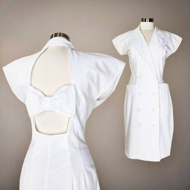 Vintage Backless Button Dress, Large / Cotton Sun Dress / White Sheath Dress / Curvy Pinup Dress with Pockets / 1950s Style Cocktail Dress 