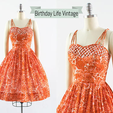 Vintage 1950s Dress | 50s Orange Floral Cotton Sundress Cage Neckline Spaghetti Strap Day Dress (x-small) 