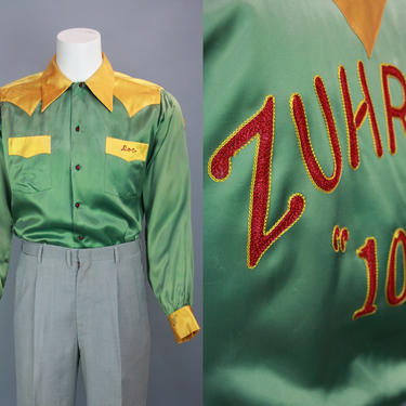 1940s ZUHRAH Shriners Satin Shirt | Vintage 40s Men’s Satin Two Tone Shirt With Chain Stitch Embroidery | large 