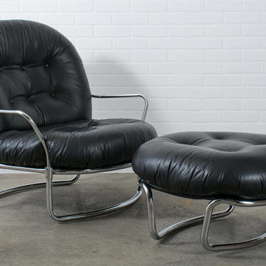 Carlo di Carli Black Leather Lounge Chair and Ottoman, Italy 1960s