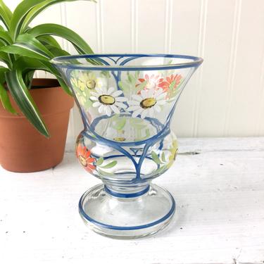 Czech painted glass urn vase - 1960s vintage floral decor 