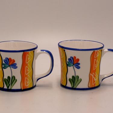 vintage Clay Craft mugs/hand painted/bone china/blue yellow orange 