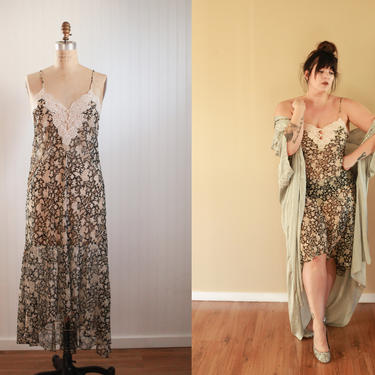 Natori lace plunge floral asymmetrical nightgown //feminine vintage womens lingerie // vintage black cream floral dress size medium 