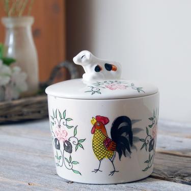Vintage rooster &amp; cow lidded canister / farmhouse cheese crock / farm animal container / roses and rooster French country farmhouse decor 