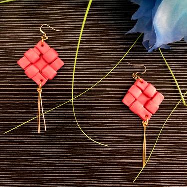 Blush x Gold Quilted Square Dangle Earrings - Hypoallergenic - 14k Gold Filled x Polymer Clay x Stainless Steel - Gift 