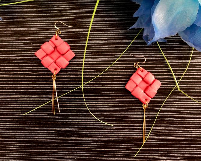 Blush x Gold Quilted Square Dangle Earrings - Hypoallergenic - 14k Gold Filled x Polymer Clay x Stainless Steel - Gift 