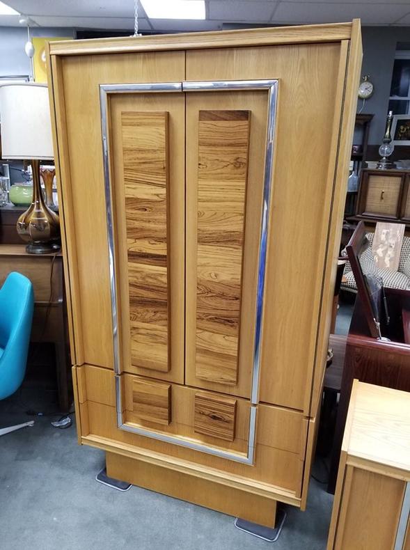 Mid-Century Modern oak and rosewood armoire with chrome accents